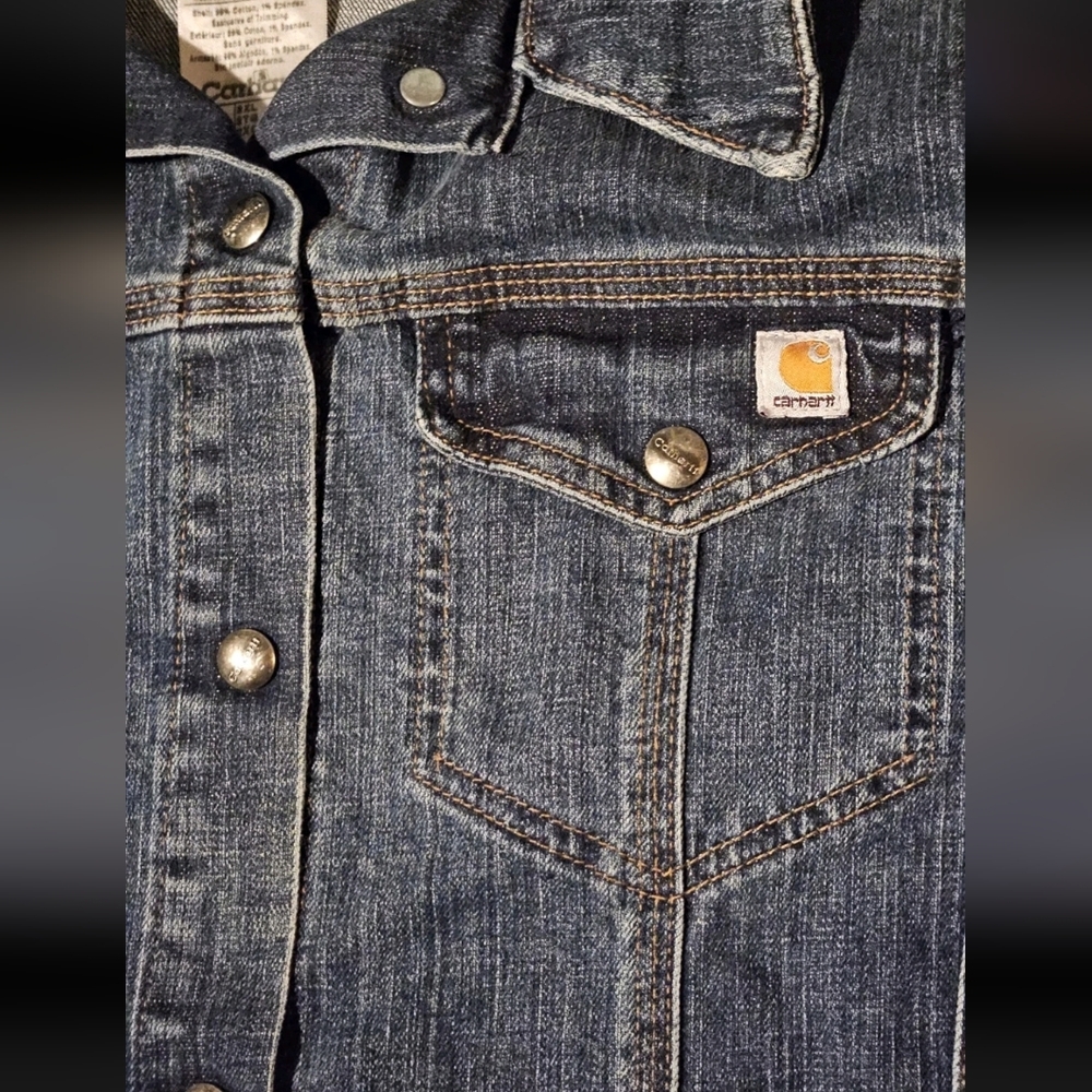 Carhartt Denim Trucker Jacket Women's 2XL Long Sleeve Blue Snap Button - Picture 4 of 6